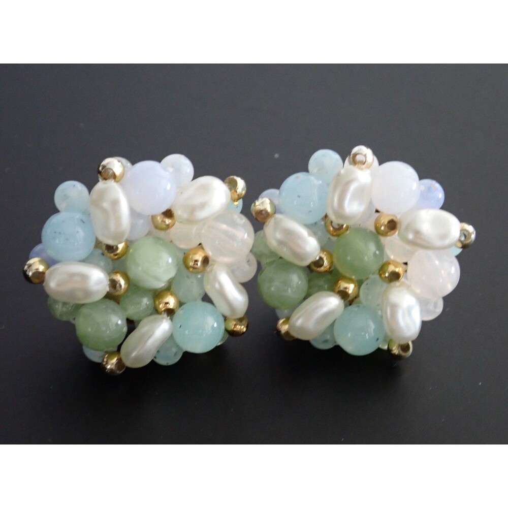 Vintage Costume Earrings Blue Glass Beads Faux Pearls Green Blue Cluster Clip On